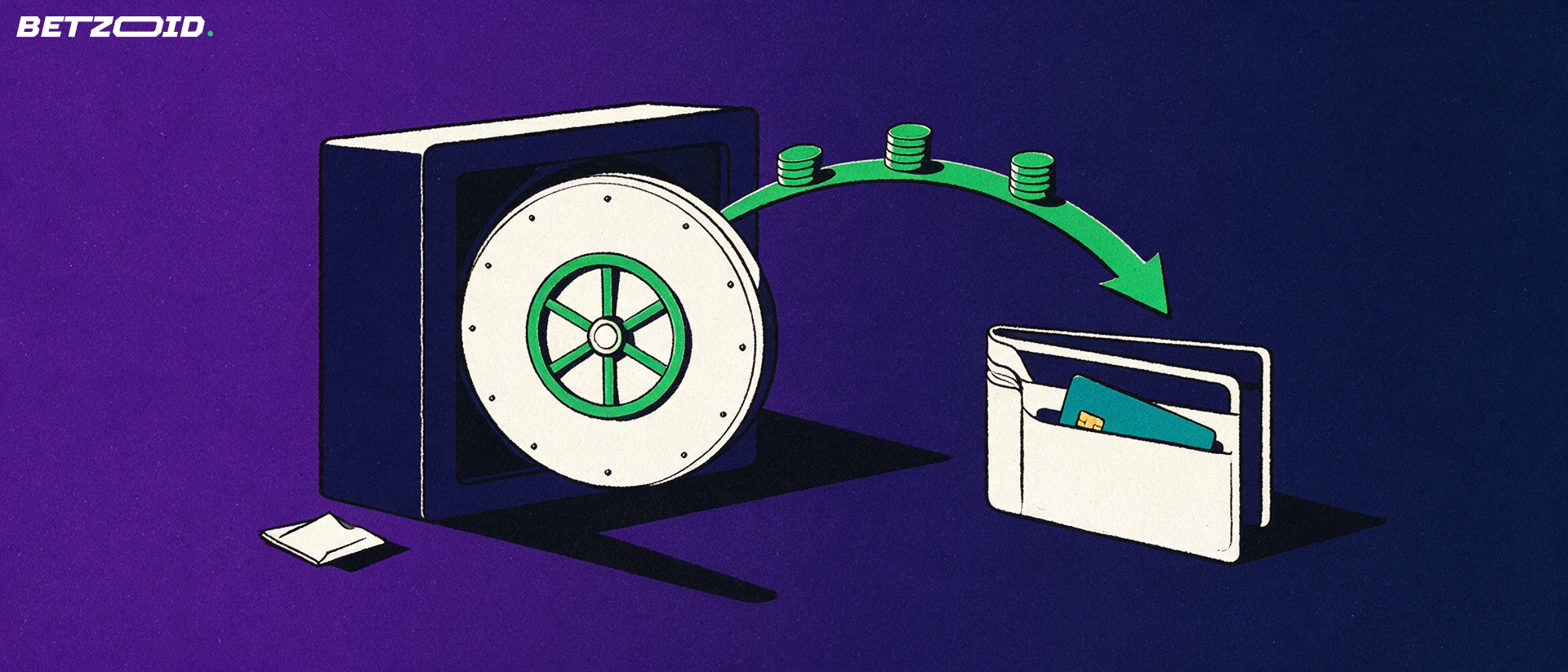 Illustrazione di una cassaforte aperta con una freccia verde che porta gettoni verso un portafoglio con carta, accanto a una piccola ricevuta di scommessa.