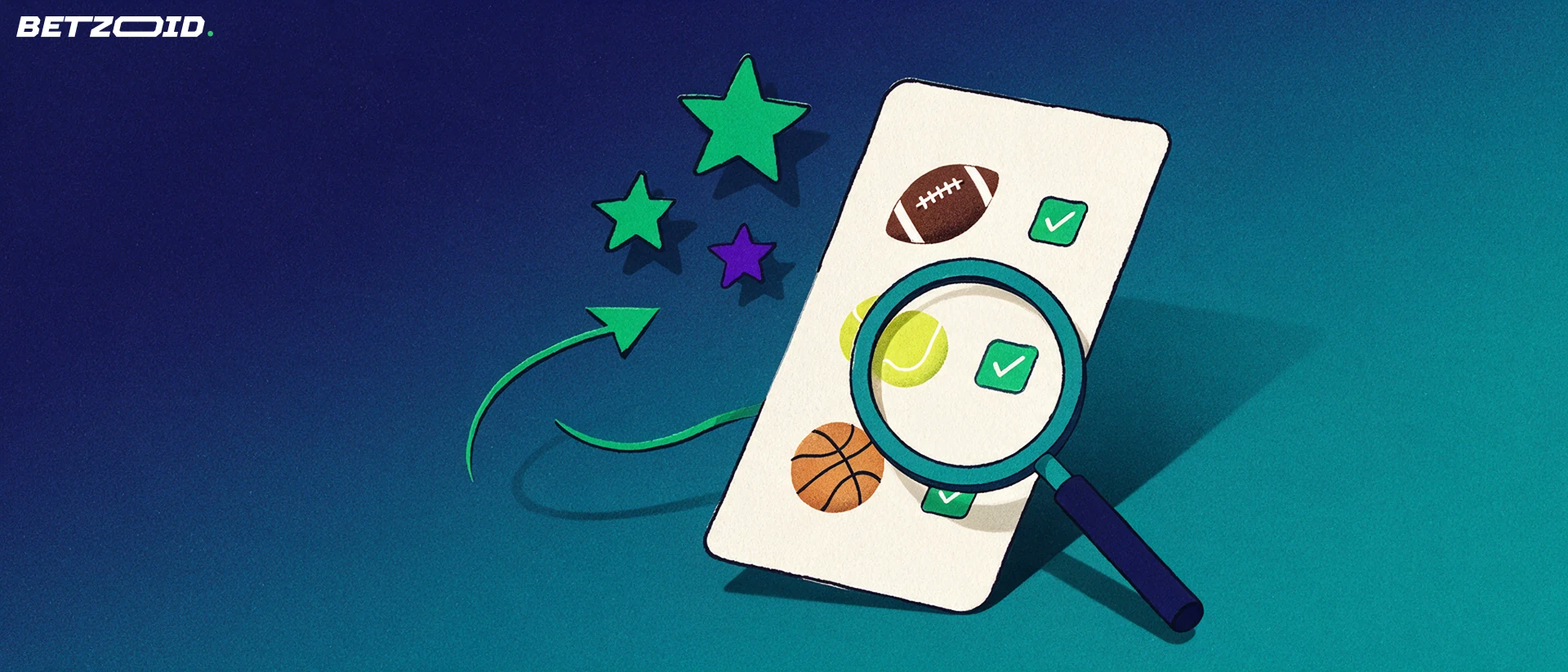 Illustrazione di una schedina di scommesse con simboli di calcio, tennis e basket esaminata da una grande lente d'ingrandimento, con stelle di valutazione.