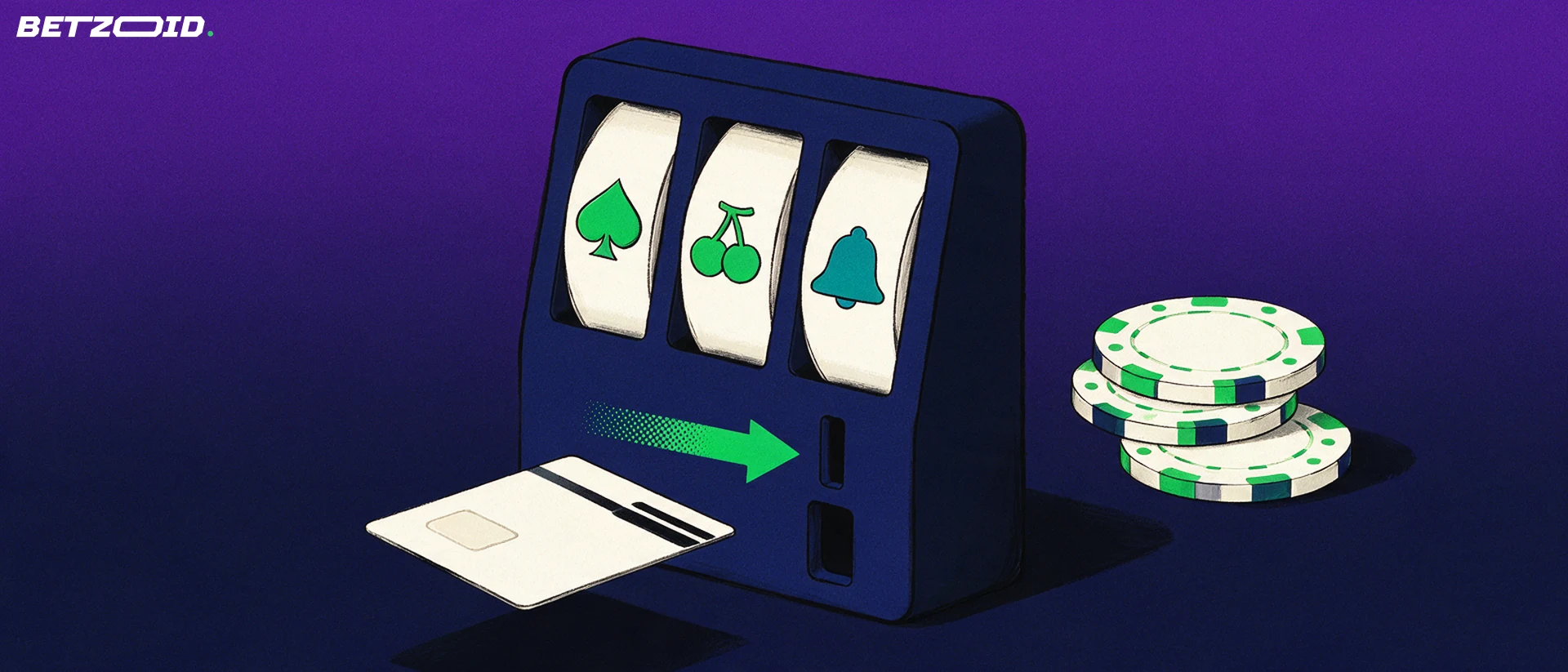 Illustrazione di una slot machine stilizzata con tre rulli, gettoni da casinò e una carta di pagamento che entra nella fessura seguendo una freccia.