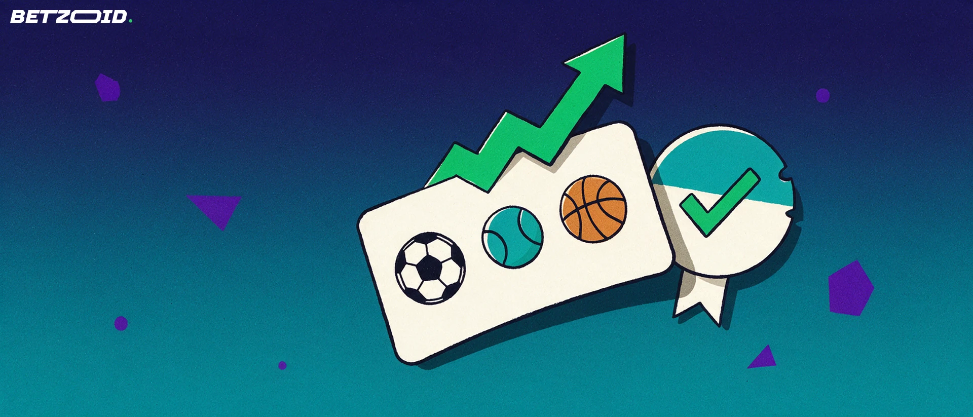 Illustrazione di una schedina di scommesse con simboli sportivi, freccia verde ascendente e sigillo di licenza con segno di spunta.