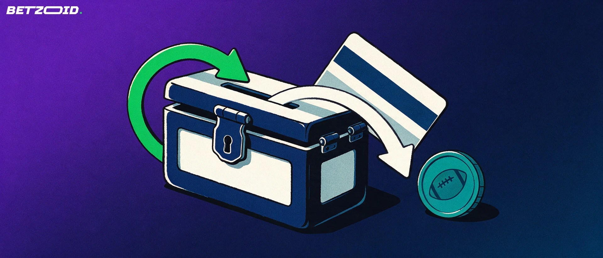 Illustrazione di una cassaforte-portafoglio con carta di pagamento, gettone con pallone e frecce di deposito e prelievo.