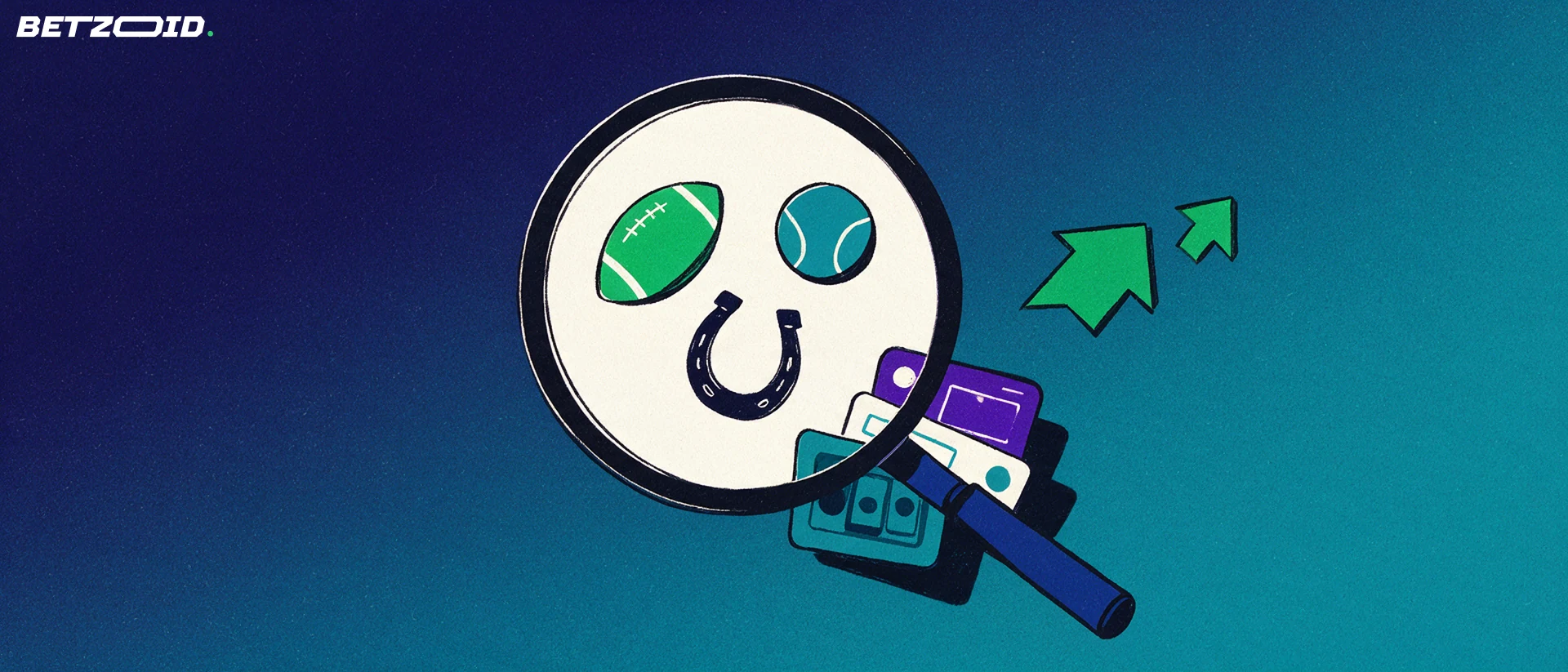 Illustration of a magnifying glass examining football, horseshoe and tennis symbols above a small stack of betting slips.