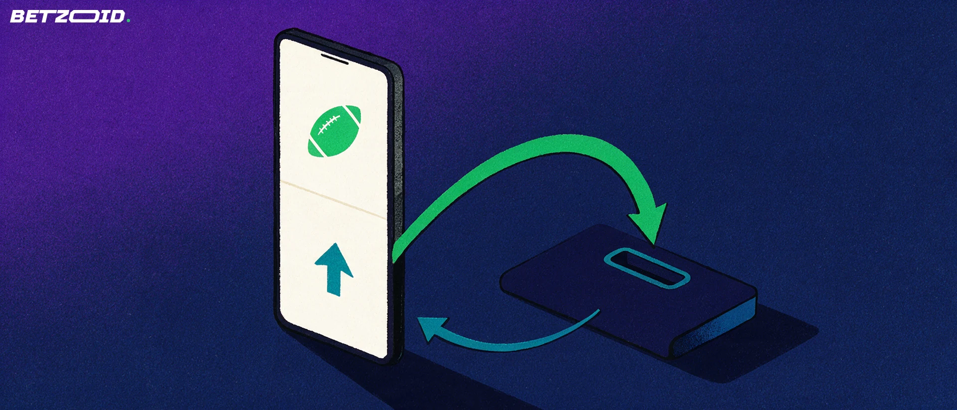Illustration of a smartphone with football and arrow symbols linked by looping arrows to a card-shaped payment block.