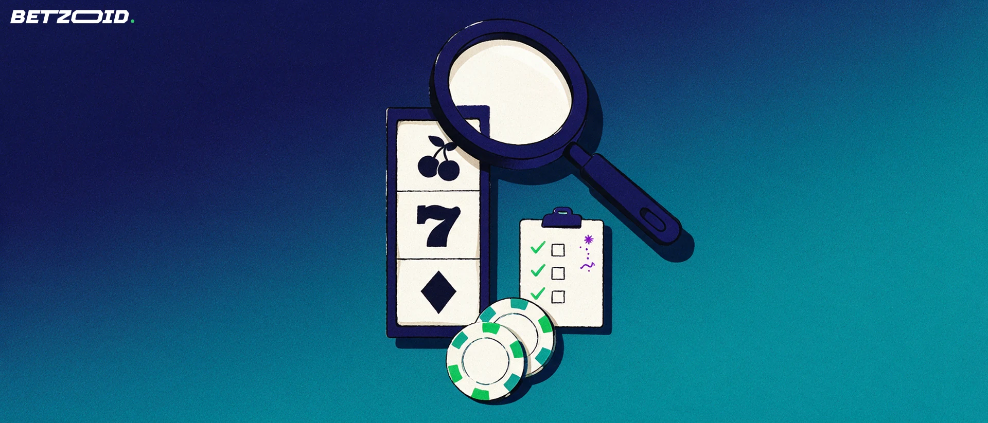 Illustrazione di una grande lente d'ingrandimento che esamina un rullo di slot con simboli, accanto a una scheda con caselle spuntate e fiches da casinò.