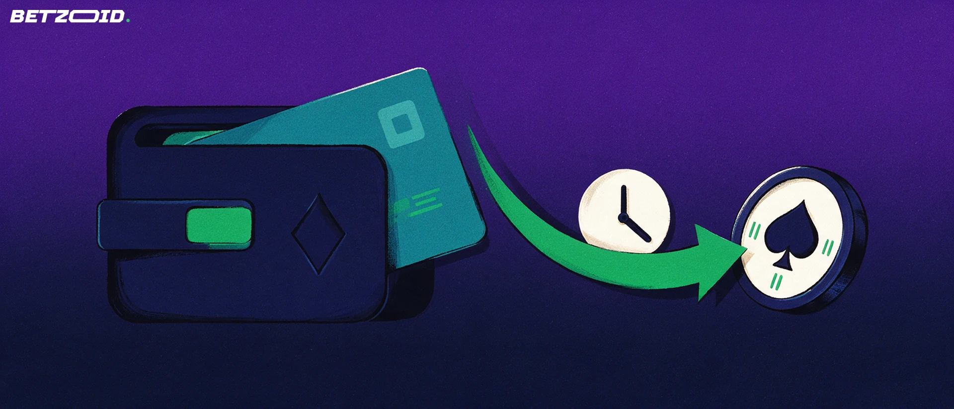 Illustrazione di un portafoglio con simbolo di carte da gioco, una carta di pagamento e una freccia verde che porta a un gettone, con un orologio stilizzato sullo sfondo.