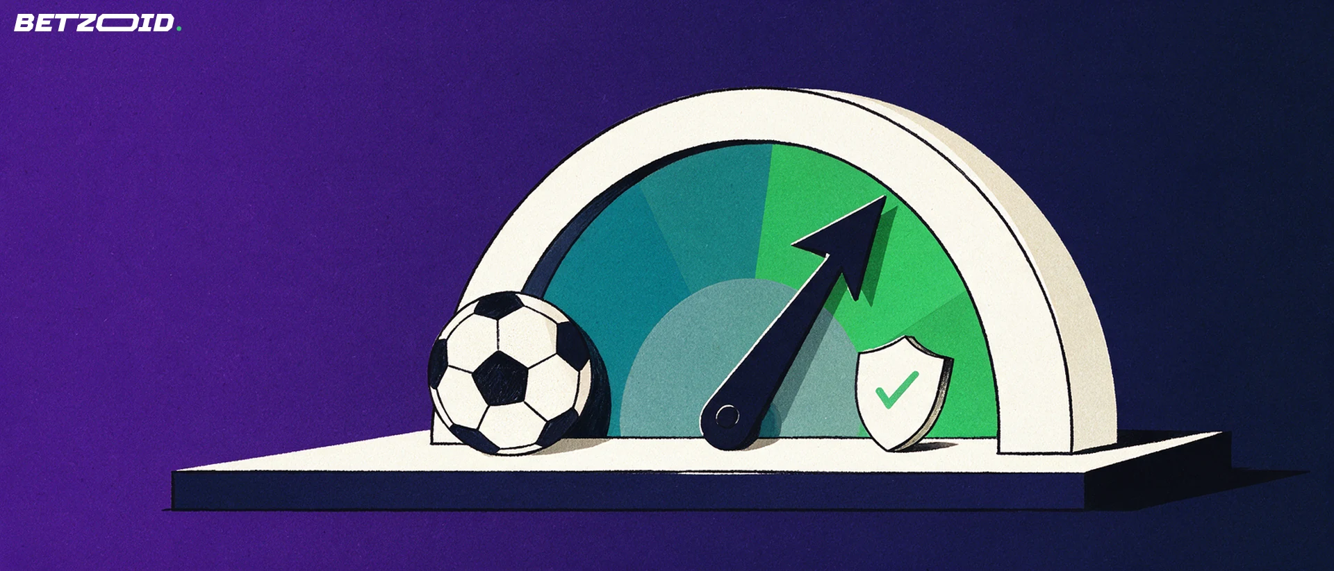 Illustrazione di un grande indicatore a lancetta rivolto verso la zona verde, con un pallone da calcio e uno scudo con segno di spunta