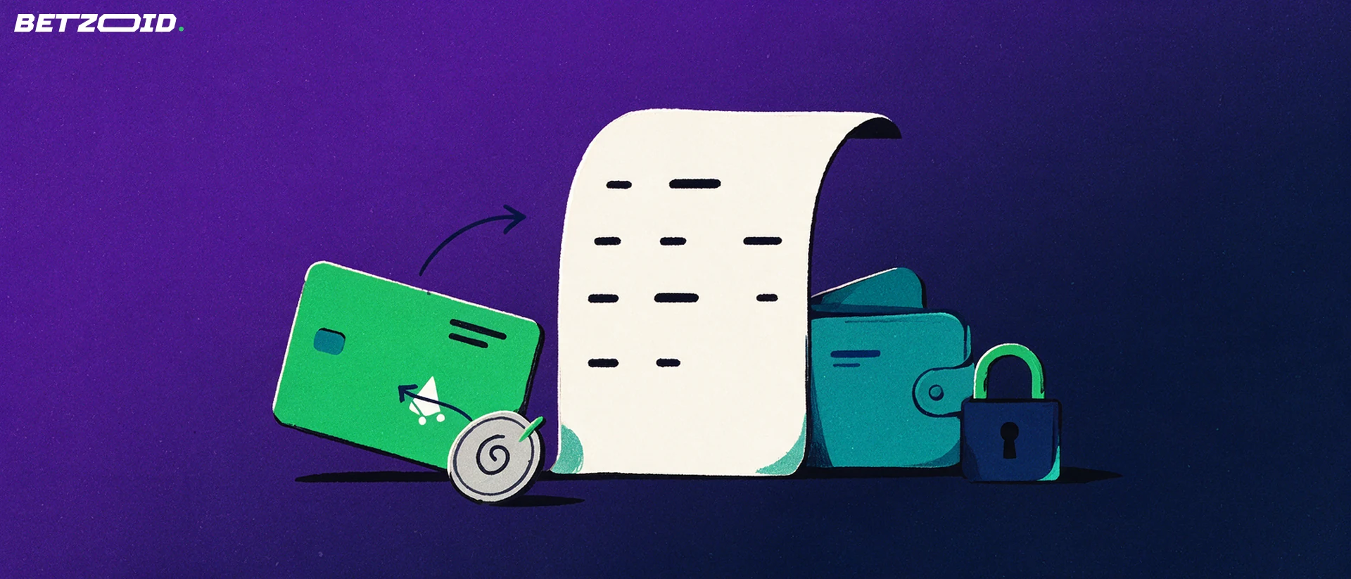 Illustrazione di un documento con clausole astratte, una carta di pagamento, un portafoglio con frecce e un lucchetto
