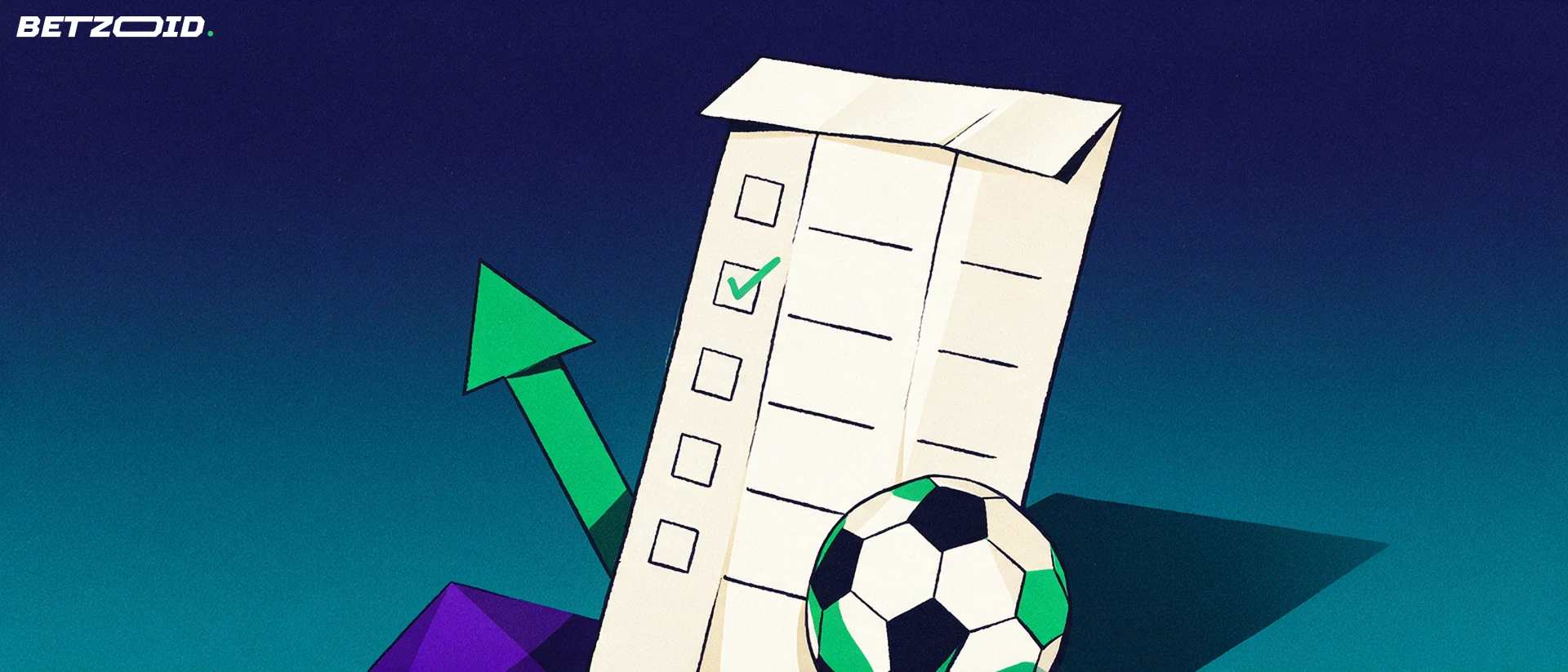 Illustration of a folded betting slip with check marks, a geometric football and a rising green arrow on a navy background.
