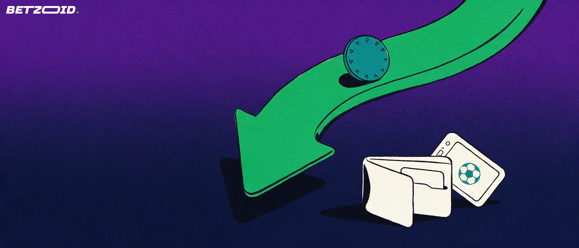 Illustration of a green arrow chute guiding a single token into an open wallet beside a small device showing a football symbol.