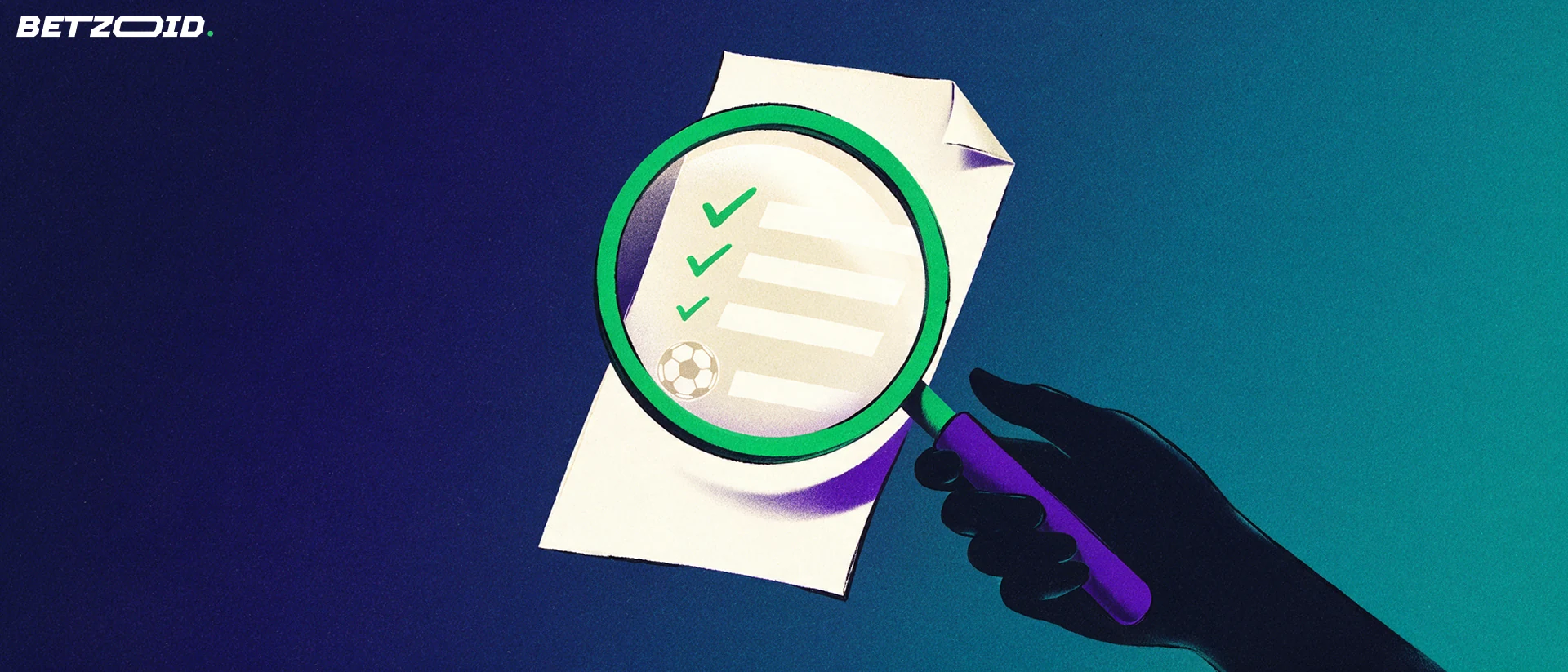 Illustrazione di una grande lente d'ingrandimento che esamina una schedina di scommesse con segni di spunta e un'icona di pallone da calcio