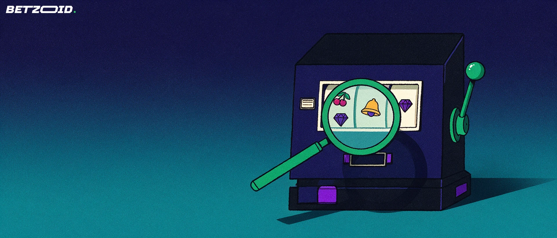 Illustrazione di una slot machine con tre simboli sui rulli esaminata da una grande lente d'ingrandimento