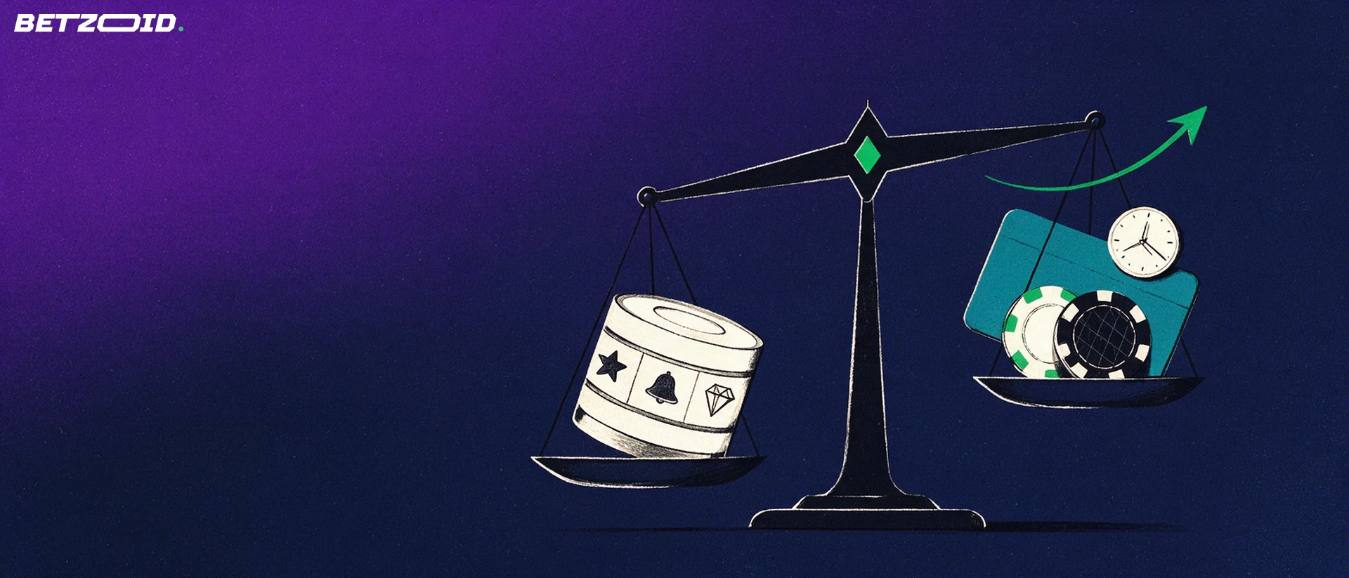 Illustrazione di una bilancia che confronta un rullo di slot con una carta di pagamento, gettoni e un orologio