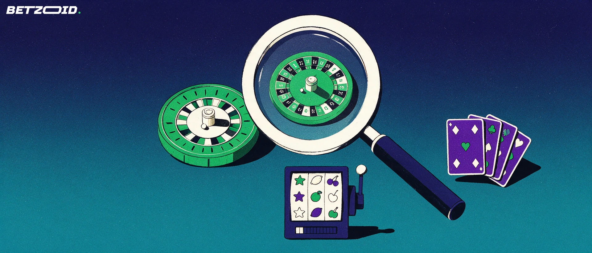 Illustrazione di una grande lente d'ingrandimento che esamina una ruota della roulette, un rullo di slot e un ventaglio di carte da gioco