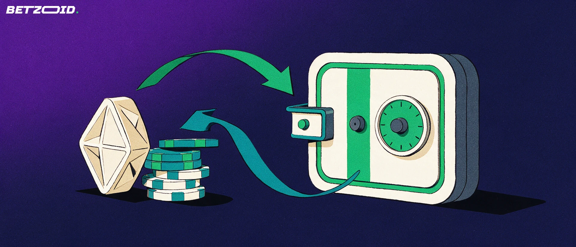 Illustrazione di un portafoglio digitale a forma di cassaforte collegato da frecce a fiches da casinò e a un gettone esagonale