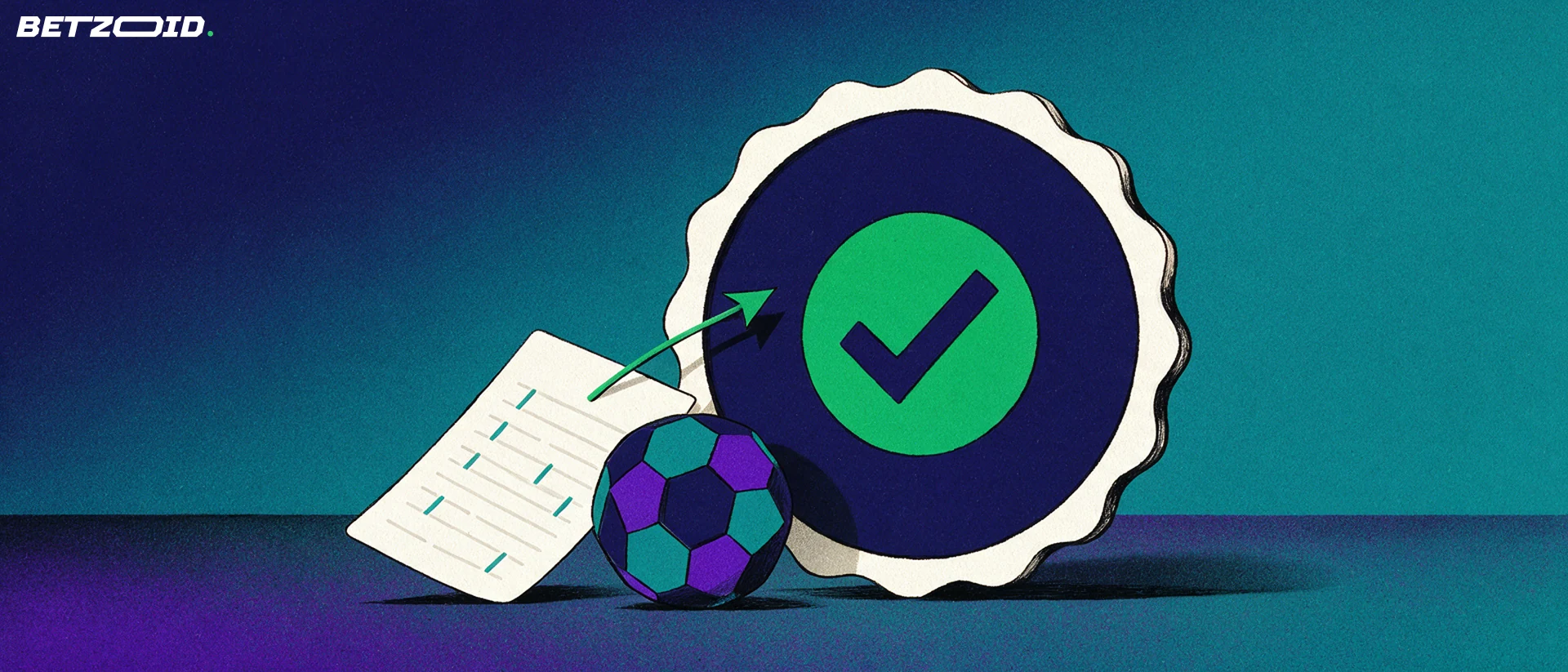 Illustrazione di un grande sigillo di certificazione con segno di spunta accanto a una schedina di scommesse e a un pallone da calcio stilizzato.