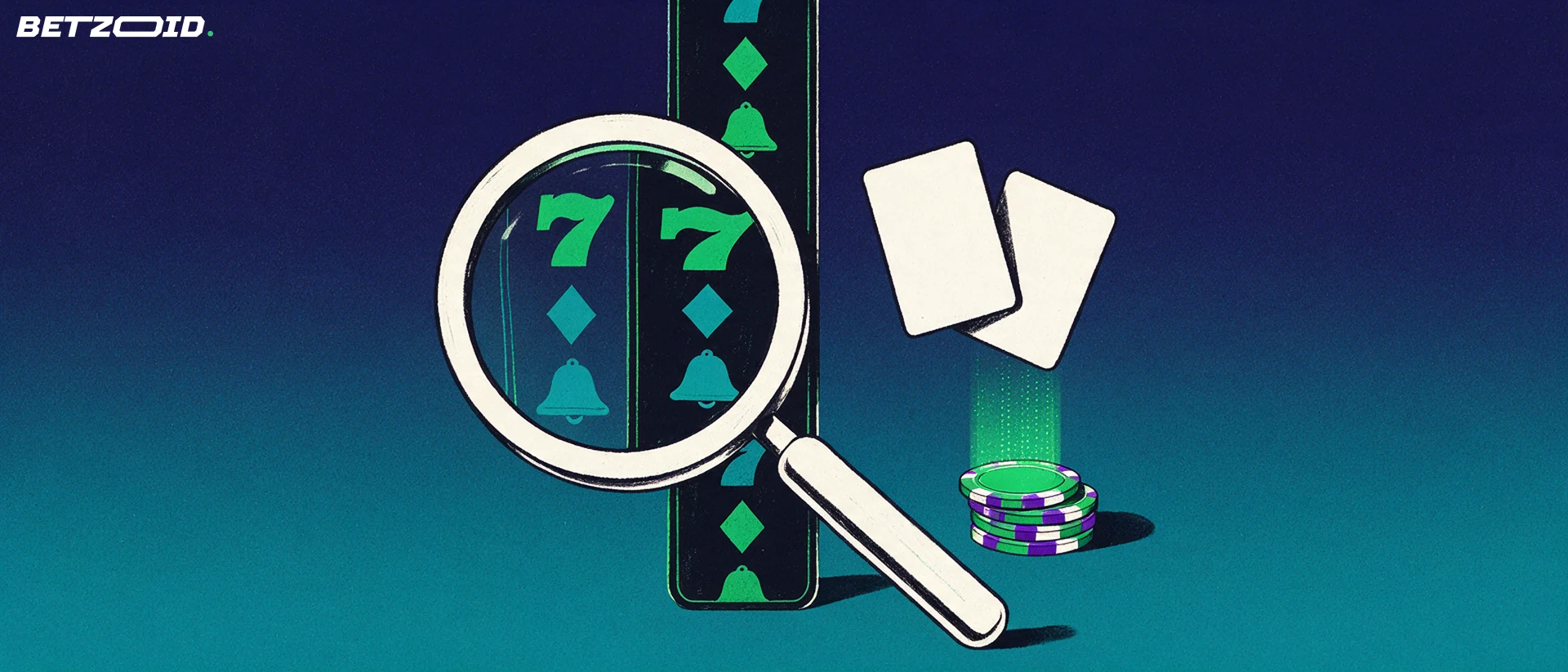 Illustrazione di una grande lente d'ingrandimento che esamina un rullo di slot, due carte da gioco e una pila di fiche