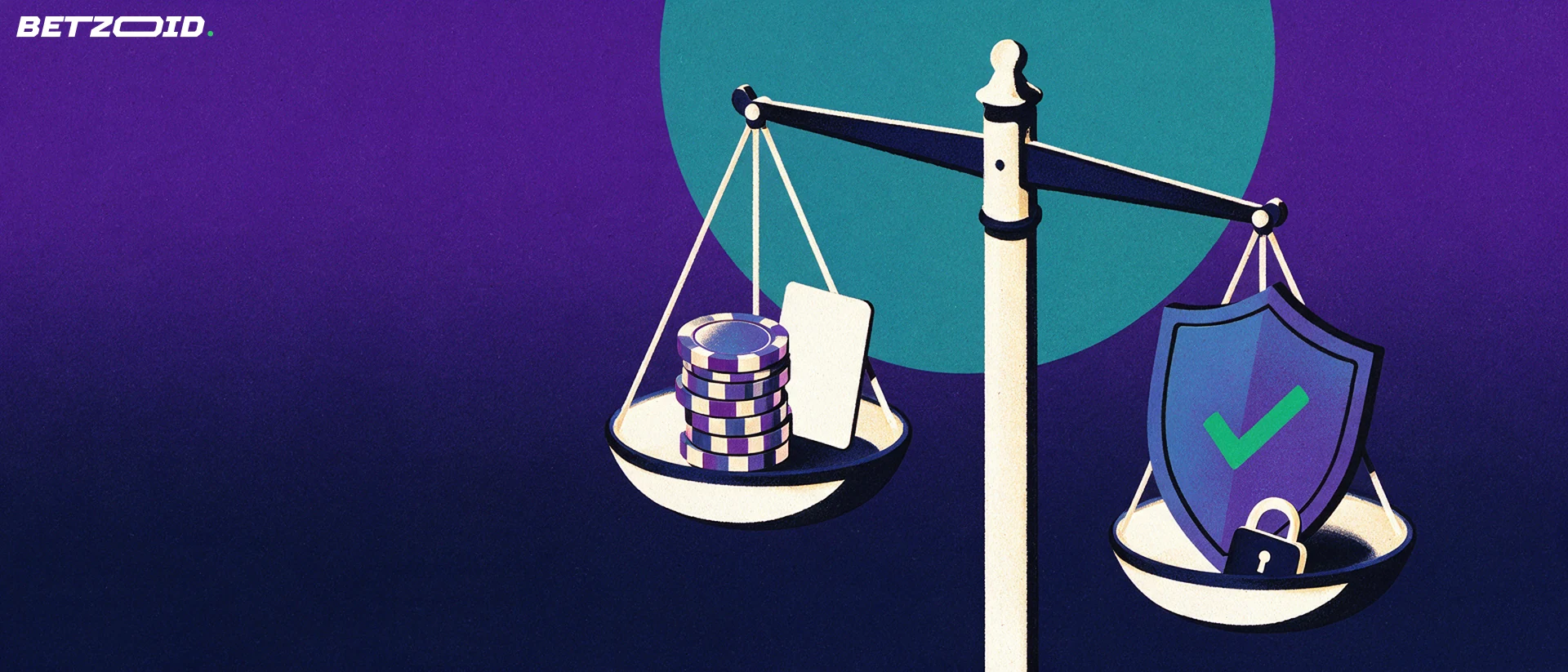 Illustrazione di una bilancia che confronta fiche e una carta da gioco con uno scudo con segno di spunta e lucchetto