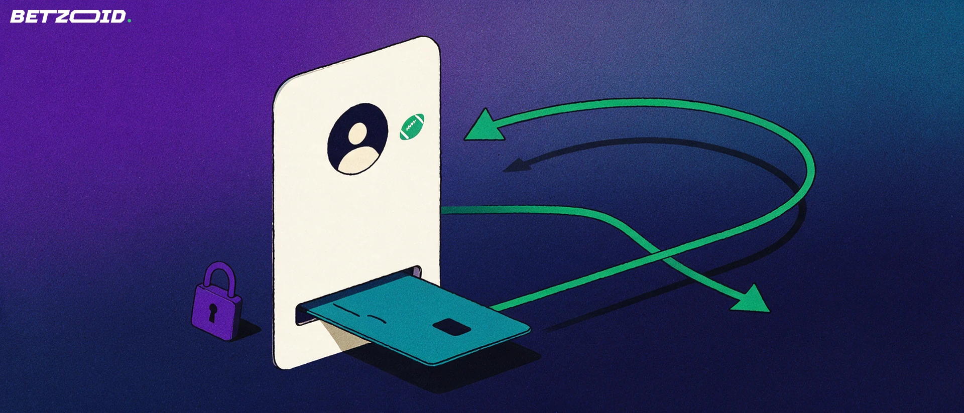 Illustrazione di una scheda conto con carta di pagamento inserita e una freccia circolare che indica depositi e prelievi.