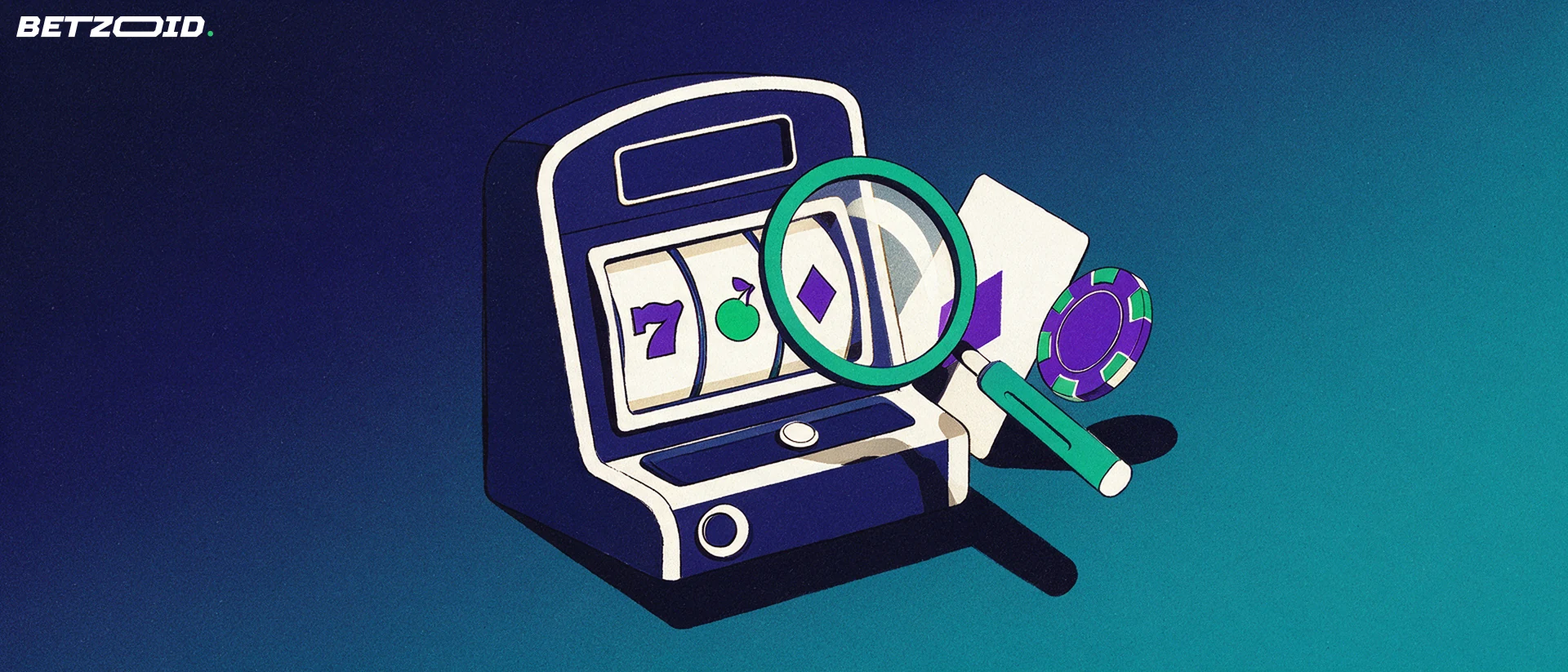Illustrazione di una slot machine con una grande lente d'ingrandimento che esamina un simbolo dei rulli, accanto a una carta da gioco e una fiche.