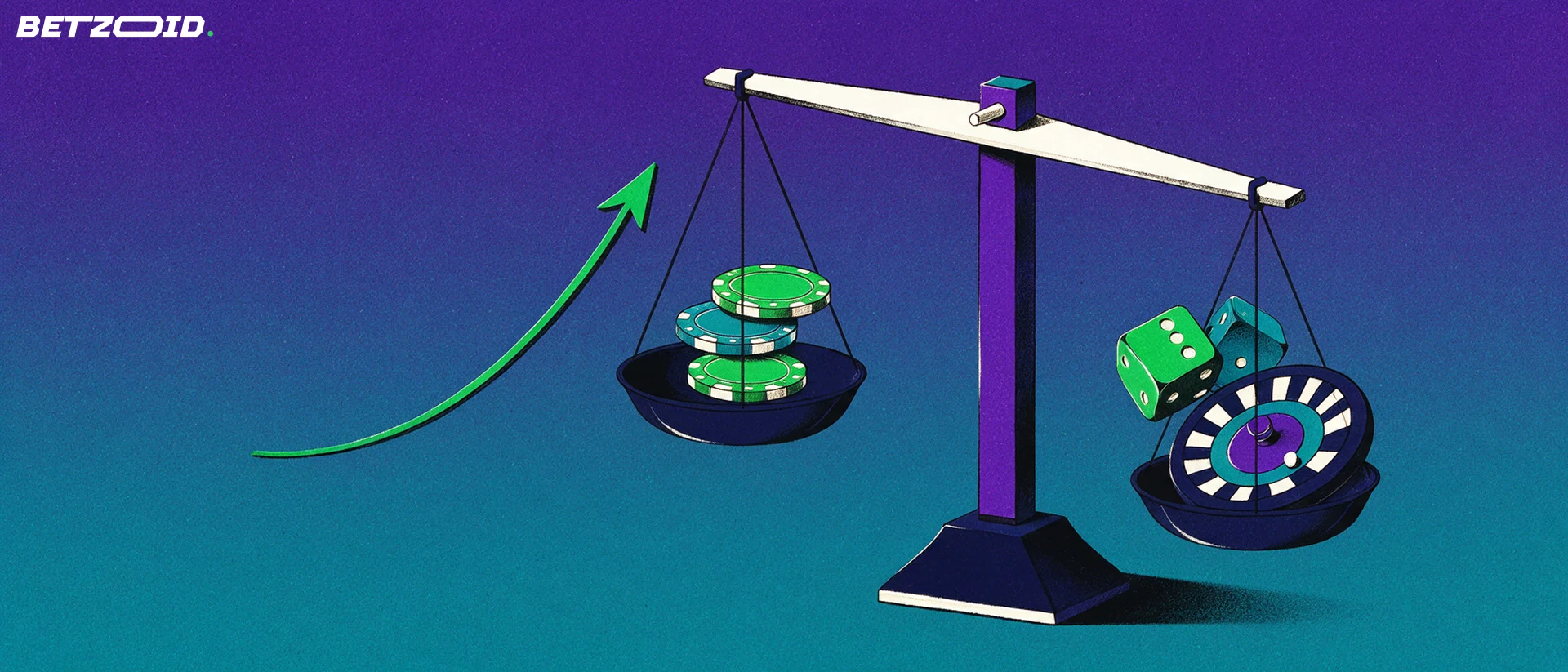 Illustrazione di una bilancia che confronta fiche da casinò su un piatto con dadi e una ruota della roulette sull'altro.
