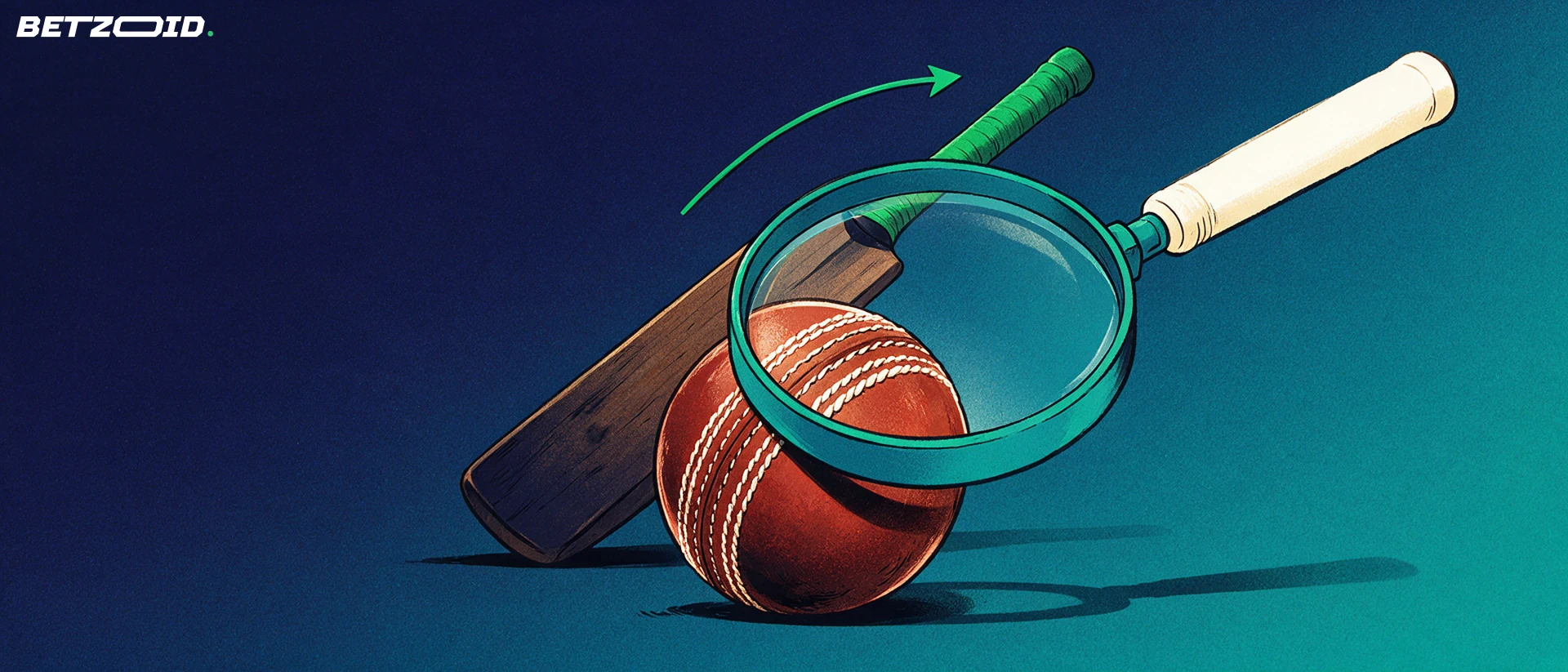 Illustration of a magnifying glass inspecting a cricket ball with a cricket bat leaning behind it