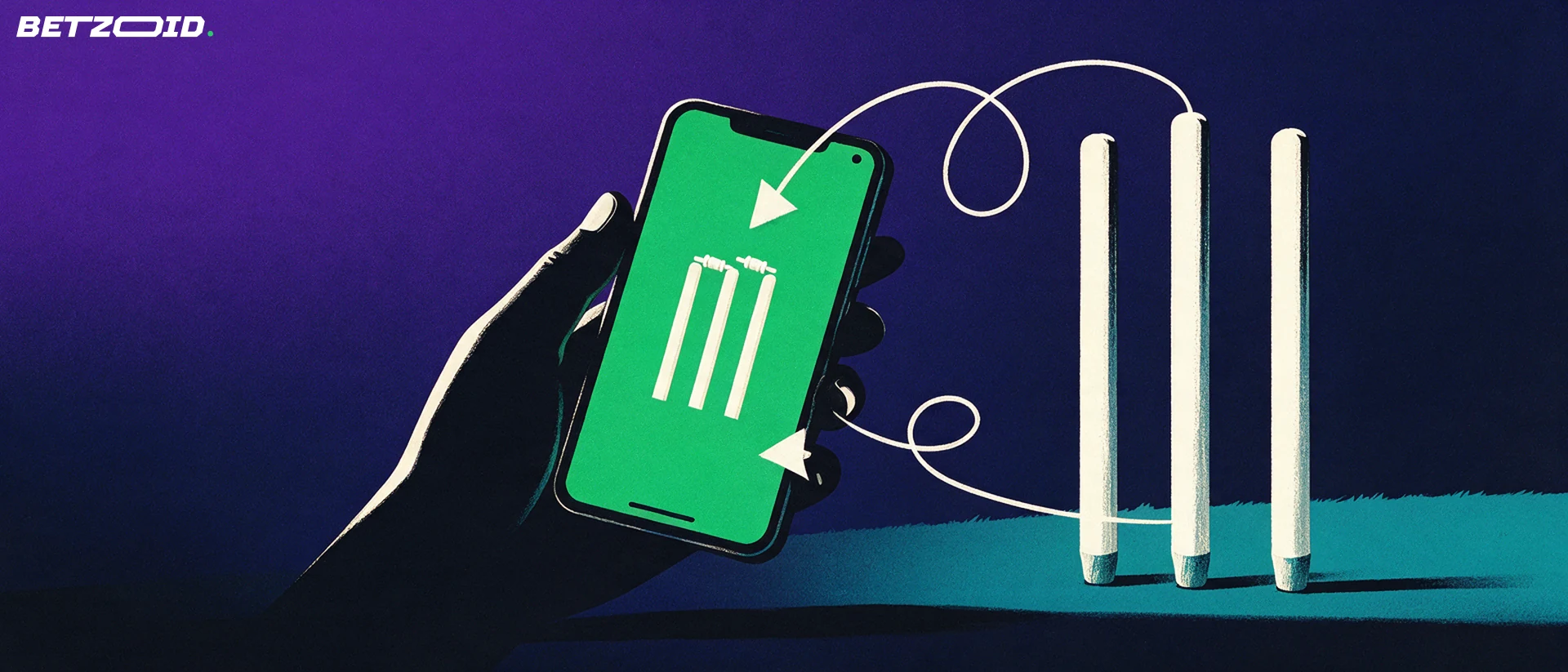 Illustration of a hand holding a phone showing a cricket wicket symbol, with large cricket stumps and arrows beside it