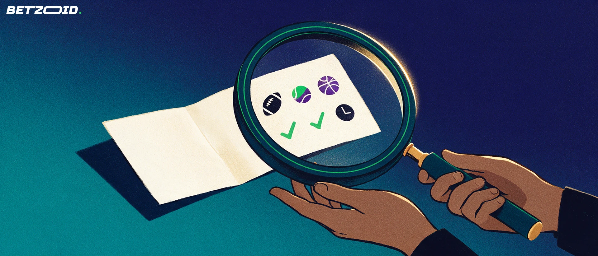Illustrazione di una grande lente d'ingrandimento che esamina una schedina di scommesse con piccoli simboli sportivi e segni di spunta