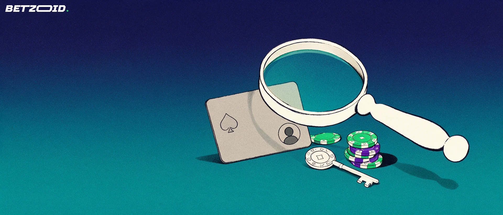 Illustrazione di una grande lente d'ingrandimento che esamina una carta conto da casinò, con gettoni e una chiave accanto.