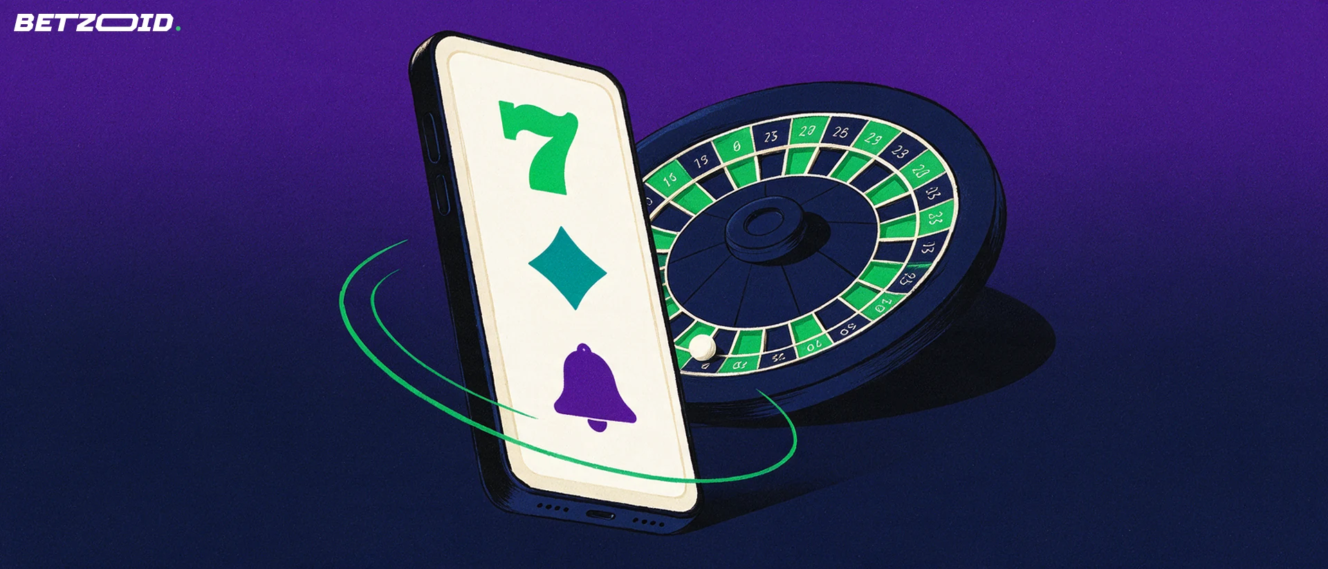 Illustrazione di uno smartphone il cui schermo mostra simboli da slot, con una ruota della roulette inclinata sullo sfondo.