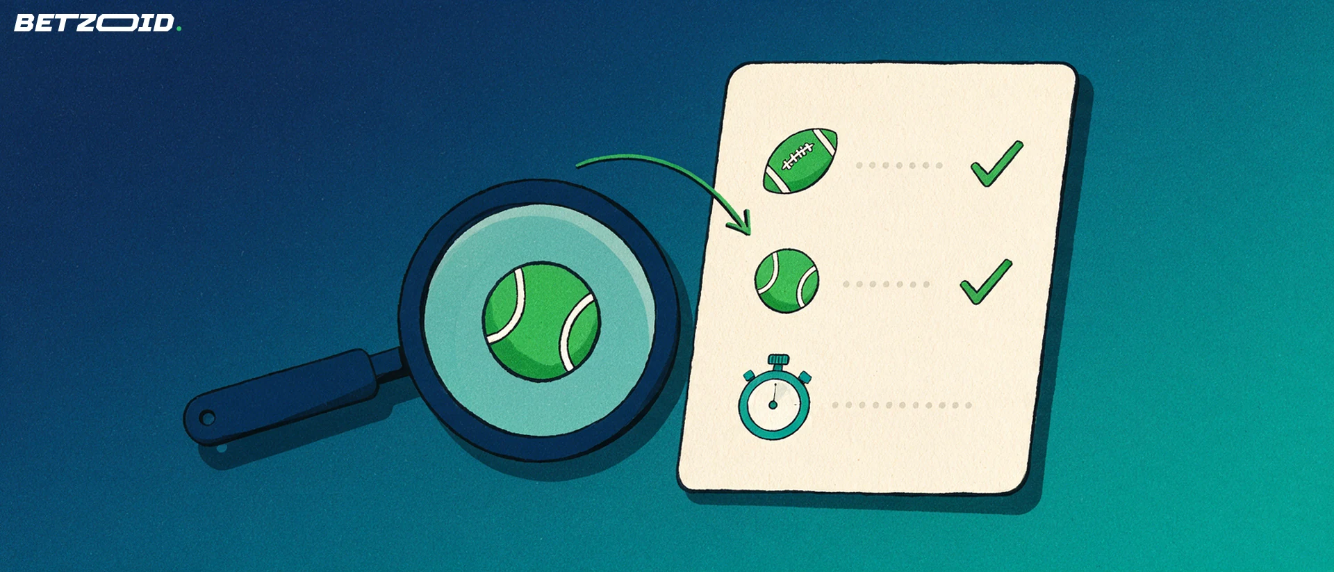 Illustrazione di una grande schedina di scommesse con simboli sportivi e segni di spunta, osservata attraverso una lente d'ingrandimento.