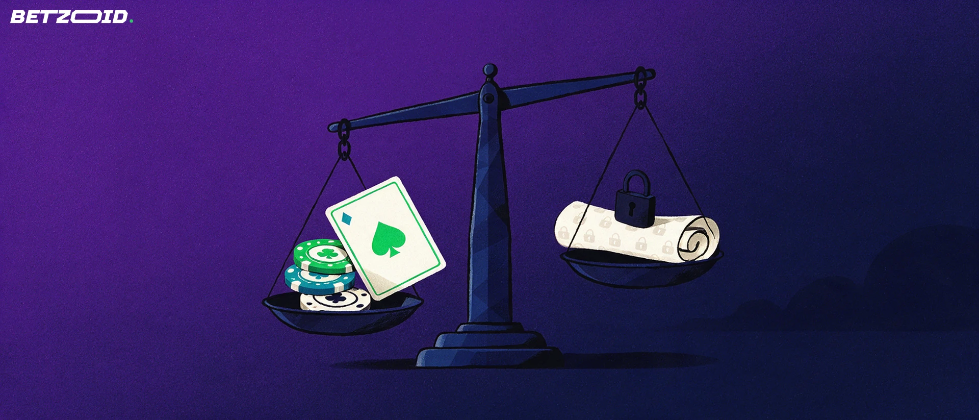Illustrazione di una bilancia che confronta fiches e una carta da gioco con un documento arrotolato chiuso da un lucchetto.