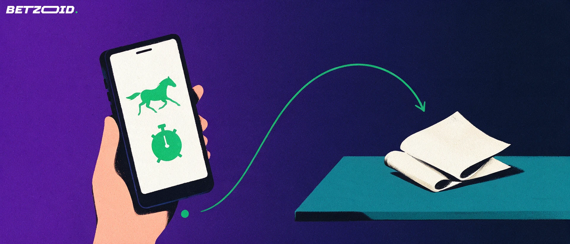Illustration of a hand holding a phone showing horse and stopwatch symbols with an arrow leading to folded betting slips.