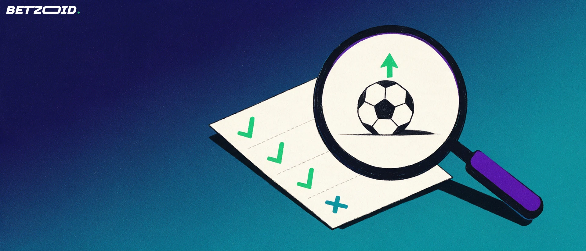 Illustrazione di una grande lente d'ingrandimento che esamina una schedina di scommesse sportive con segni di spunta e un pallone da calcio ingrandito.