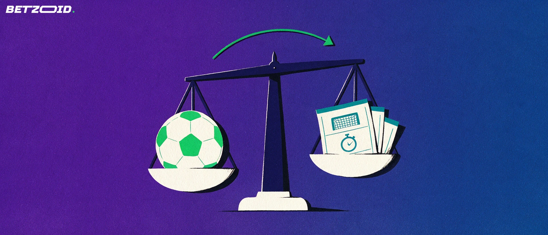 Illustrazione di una bilancia a due piatti che confronta un pallone da calcio con una pila di schedine sportive.