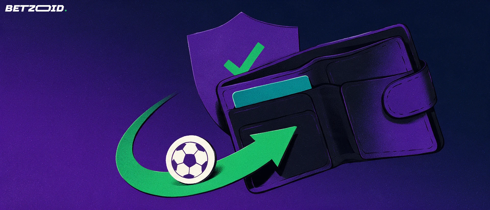 Illustrazione di un portafoglio aperto con una carta di pagamento, una freccia verde che vi porta un gettone con il simbolo del calcio e uno scudo con segno di spunta.