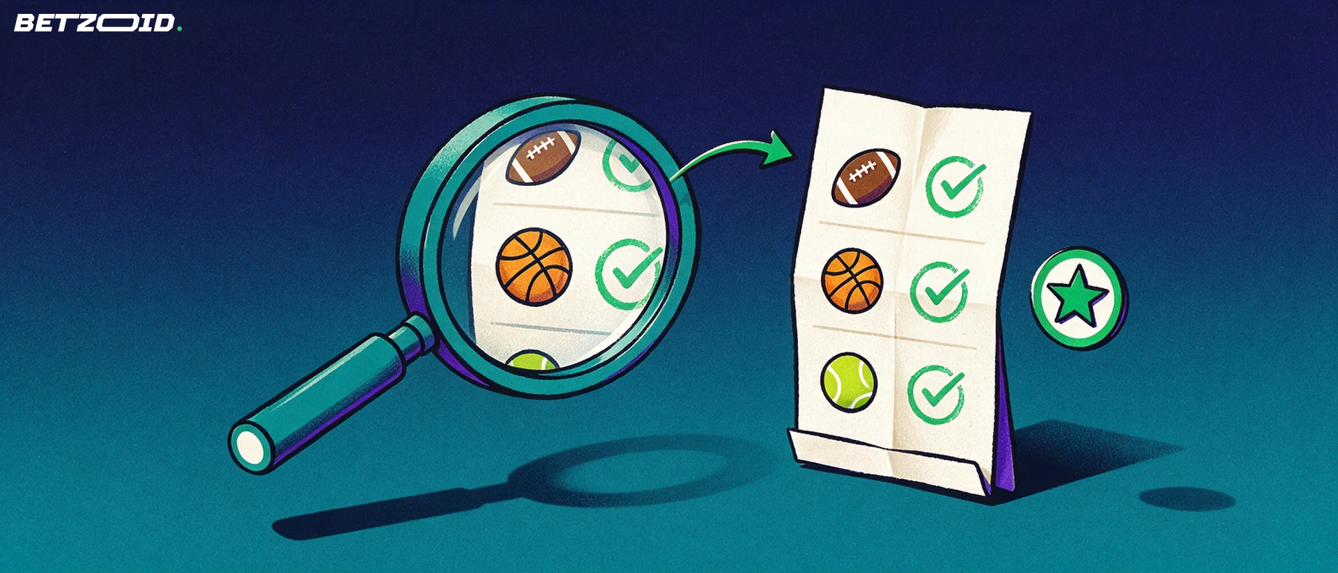 Illustrazione di una grande lente d'ingrandimento che esamina una schedina con simboli di calcio, basket e tennis e una stella di valutazione.