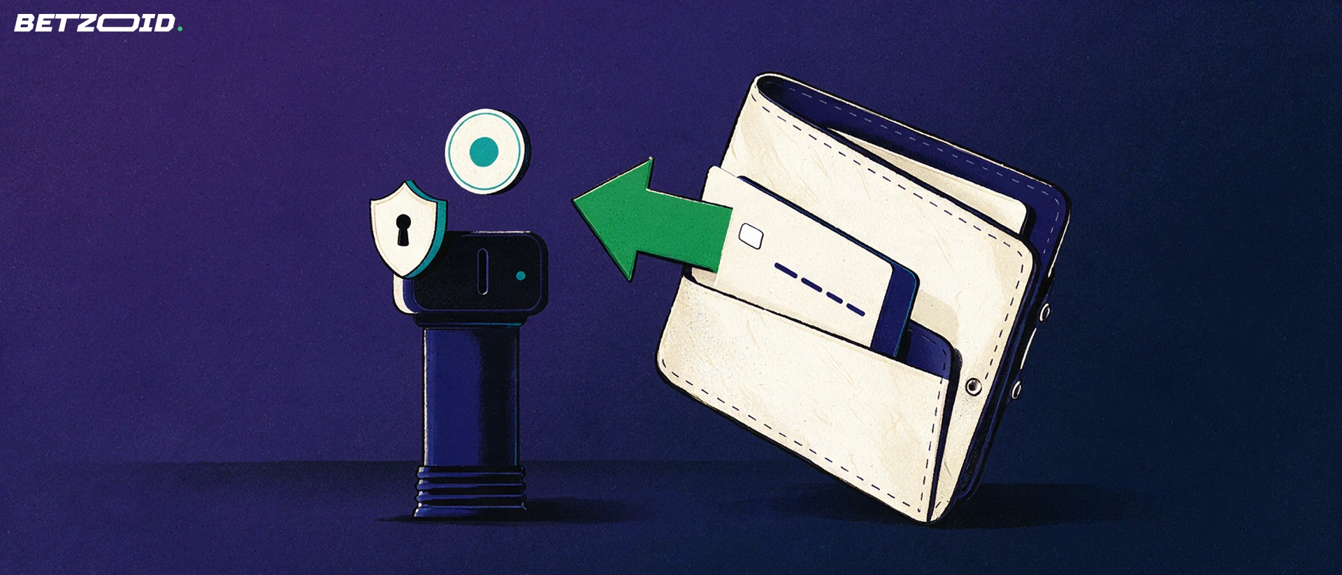 Illustrazione di un portafoglio con una carta di pagamento che segue una freccia verde verso un terminale di deposito con scudo e serratura.