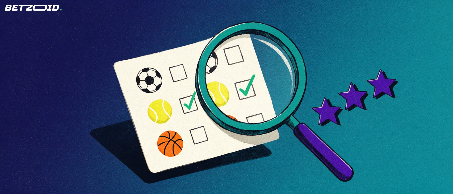 Illustrazione di una lente d'ingrandimento che esamina una schedina sportiva con simboli di calcio, tennis e basket accanto a tre stelle di valutazione.
