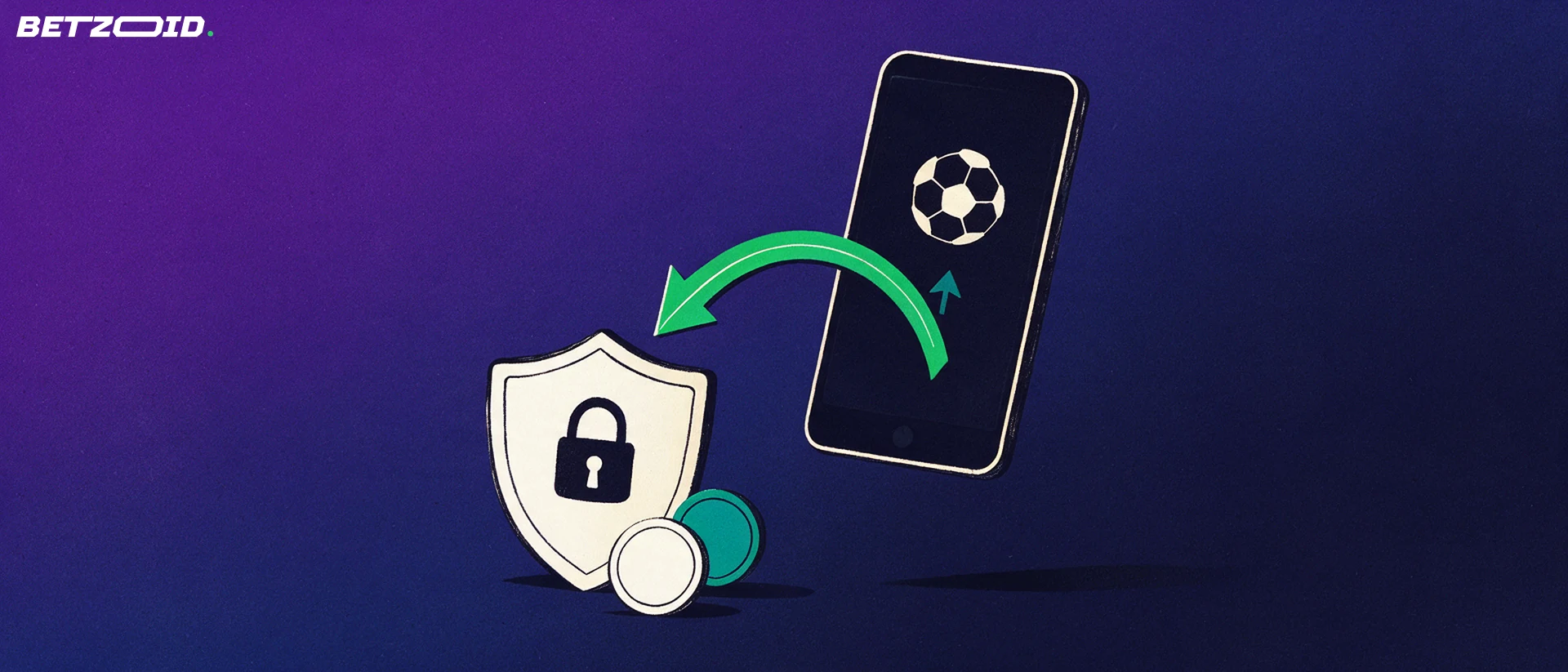 Illustrazione di uno smartphone con simbolo di pallone e freccia verso l'alto collegato da una freccia verde a uno scudo con lucchetto e due monete.