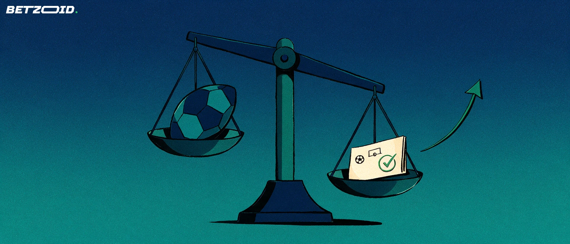 Illustrazione di una bilancia che confronta un pallone da calcio con una schedina di scommessa timbrata con un segno di spunta verde.