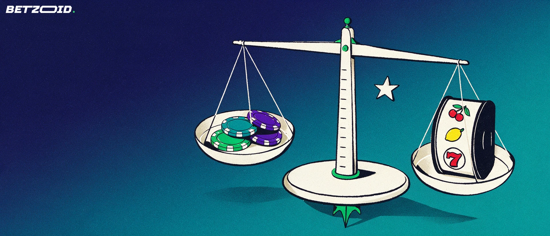 Illustrazione di una bilancia che confronta fiches da casinò con un rullo di slot machine, simbolo di una valutazione imparziale.