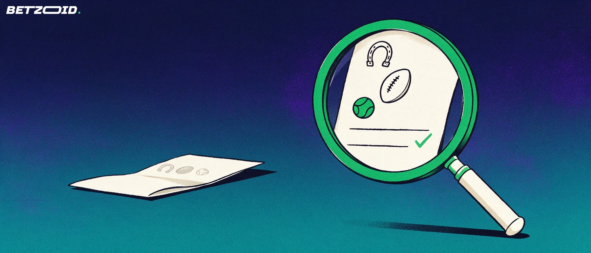 Illustration of a large magnifying glass examining a paper betting slip marked with horseshoe, football and tennis ball symbols.