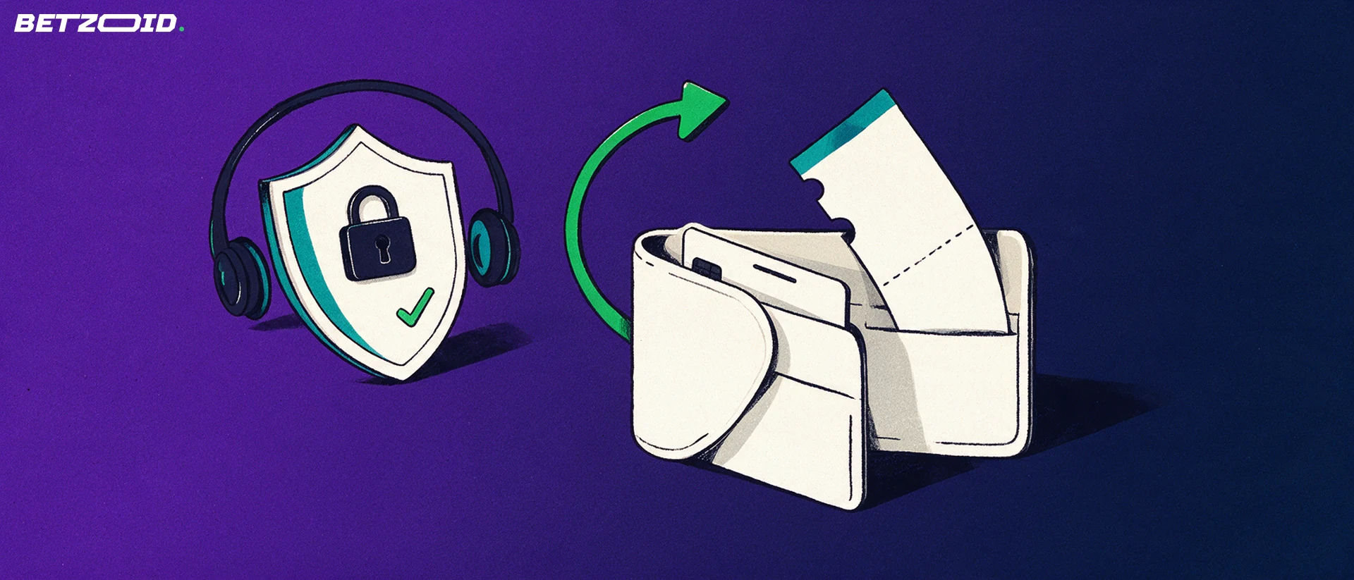 Illustration of an open wallet with a card and paper ticket, a green arrow curving toward a padlock shield and a headset ring.