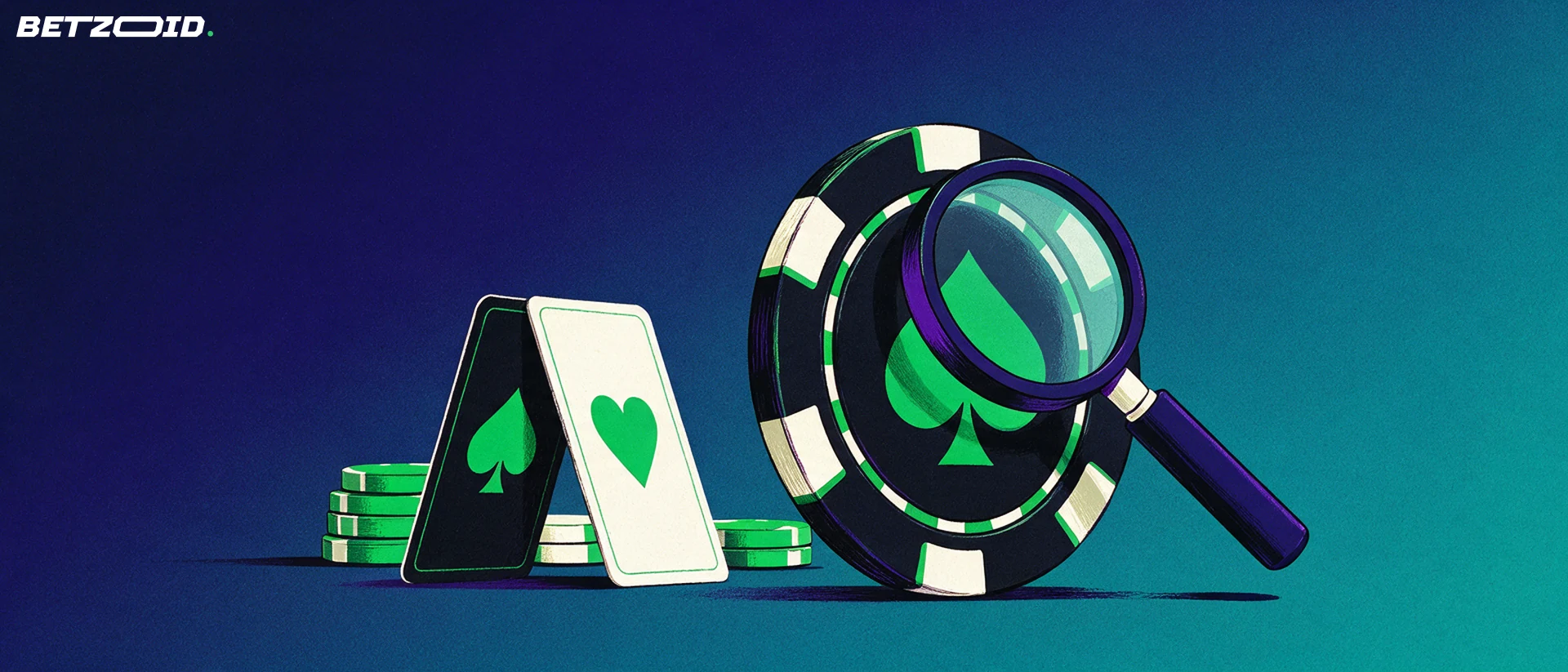 Illustrazione di una grande fiches da poker con simbolo di picche esaminata da una lente d'ingrandimento, accanto a due carte da gioco e pile di fiches.