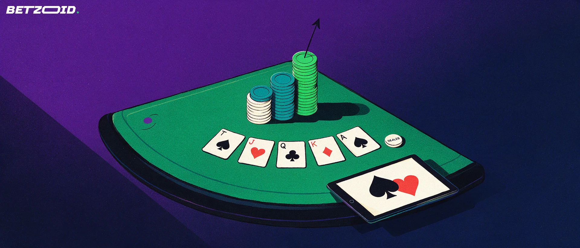 Illustrazione dall'alto di un tavolo da poker con carte comuni, bottone del mazziere, un tablet con simboli dei semi e pile di fiches crescenti.