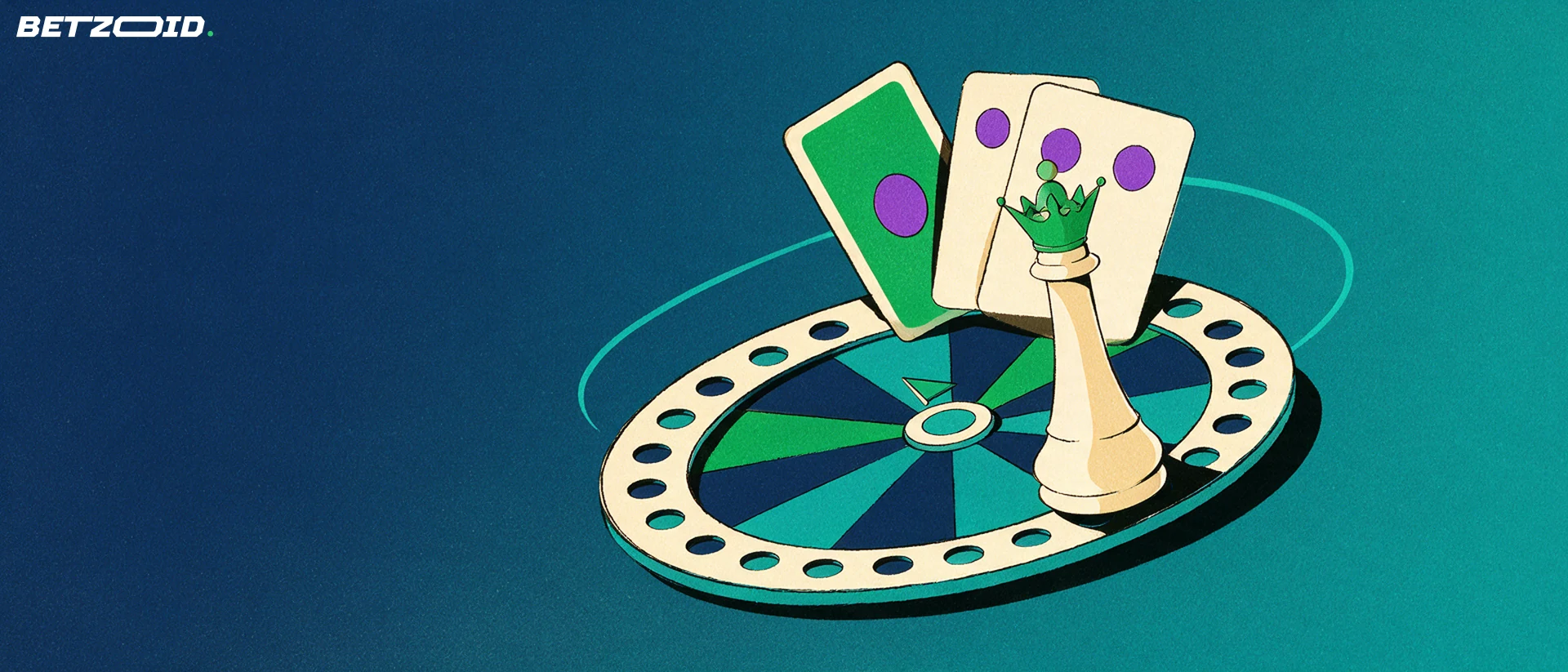 Illustrazione di un pezzo degli scacchi a forma di regina con corona su una ruota della roulette stilizzata, con due carte da gioco alle spalle.
