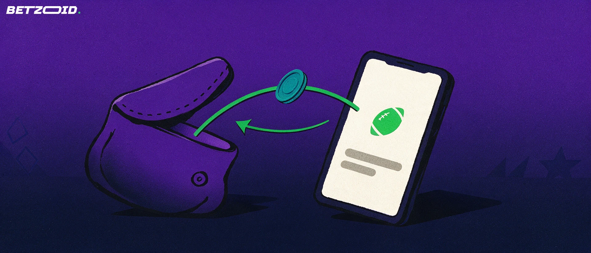 Illustration of a coin moving between an open wallet and a smartphone showing a football symbol