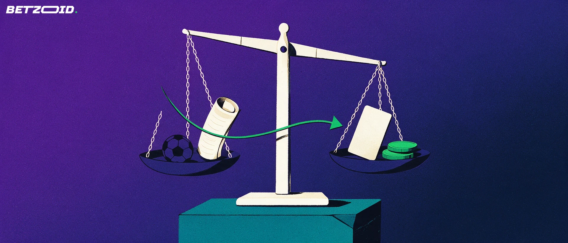 Illustrazione di una bilancia che confronta una schedina con un pallone da calcio su un piatto e una carta di pagamento con gettoni sull'altro