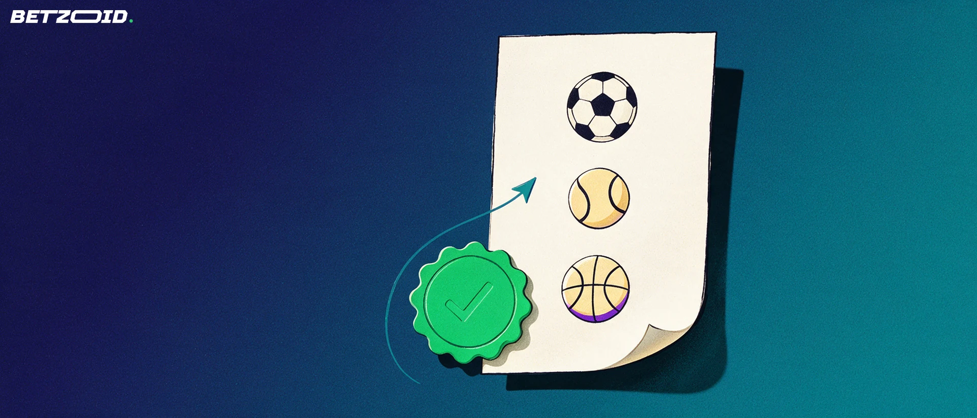 Illustrazione di una schedina di scommesse con simboli di calcio, tennis e basket accanto a uno scudo verde con segno di spunta.