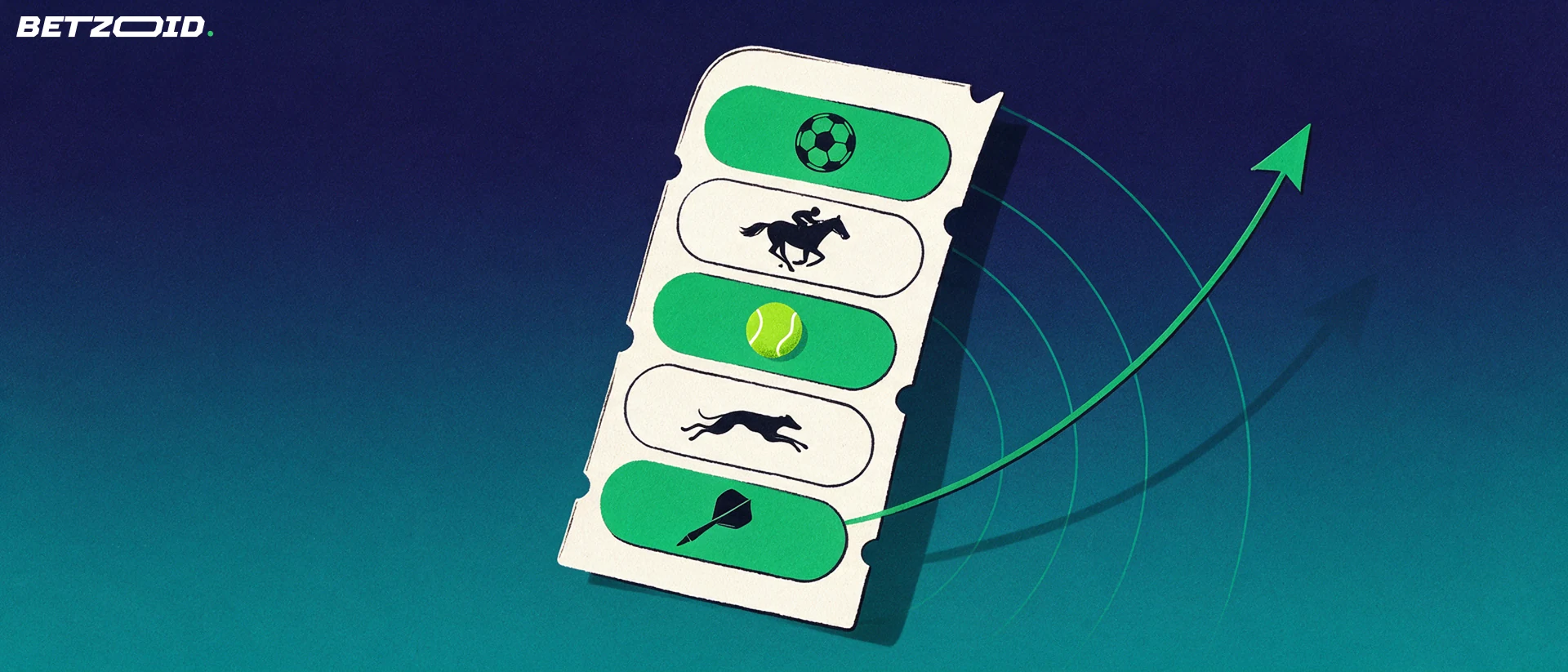 Illustration of a large betting slip whose rows show football, horse racing, tennis, greyhound and darts symbols, with fanning arcs and an upward arrow.